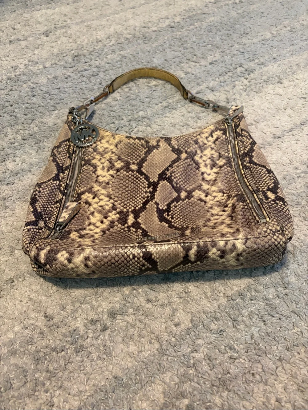 Michael Kors Snakeskin Python Print Hobo Shoulder Bag Silver Hardware Charm